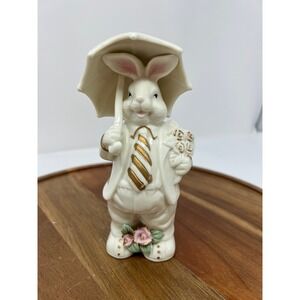 Lenox Porcelain Bunny Rabbit Figurine with Umbrella and Flowers Gold Accents